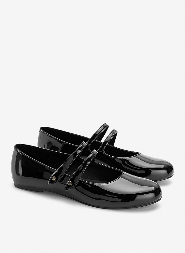 Giày ballerina mary janes quai đôi đính nút tán kim loại - GBB 0443 - Màu đen - VASCARA