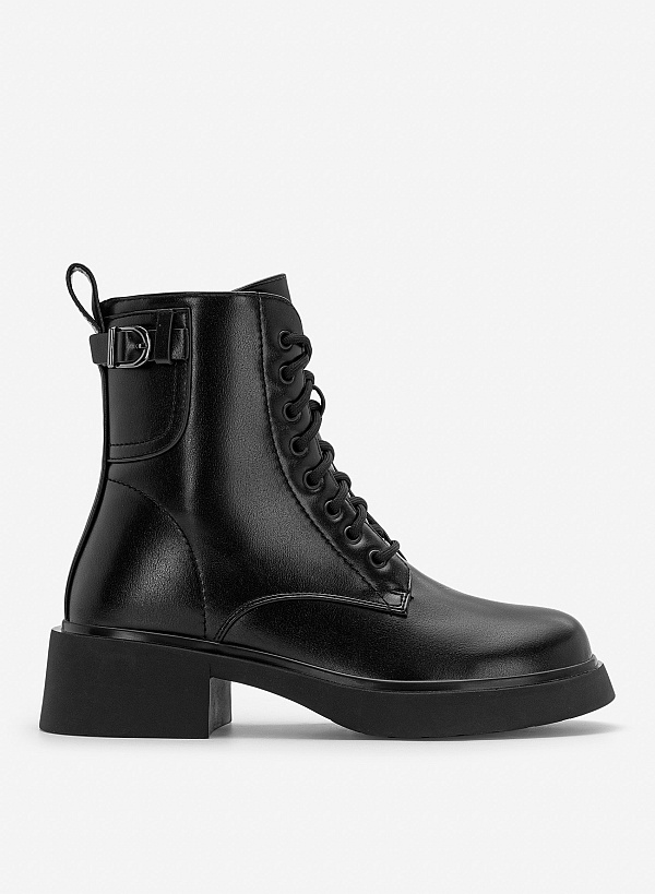Giày combat boots phối khoá kim loại - BOT 0948 - Màu đen