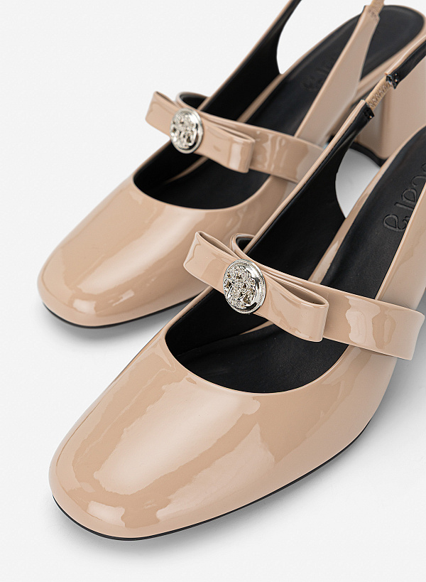Giày slingback mũi tròn phối nơ kim loại - BMN 0748 - Màu be - VASCARA