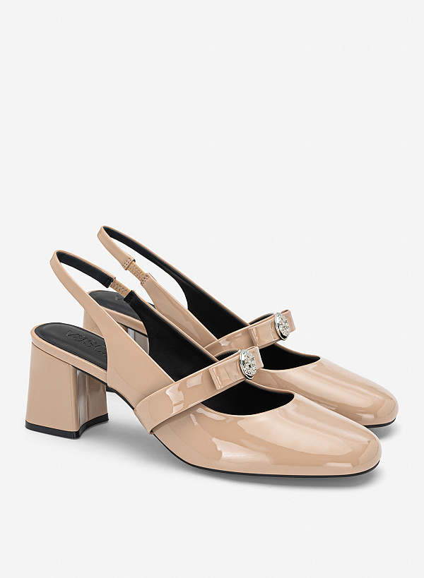 Giày slingback mũi tròn phối nơ kim loại - BMN 0748 - Màu be - VASCARA