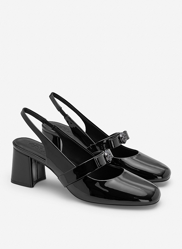 Giày slingback mũi tròn phối nơ kim loại - BMN 0748 - Màu đen - VASCARA