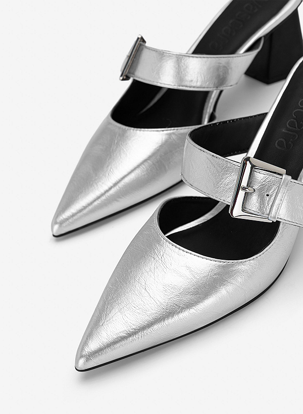 Guốc mules block heel cut-out phối khóa gài - GNN 0230 - Màu bạc - VASCARA