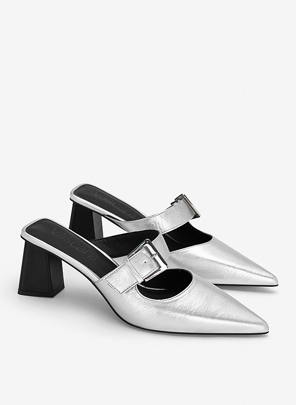 Guốc mules block heel cut-out phối khóa gài - GNN 0230 - Màu bạc - VASCARA