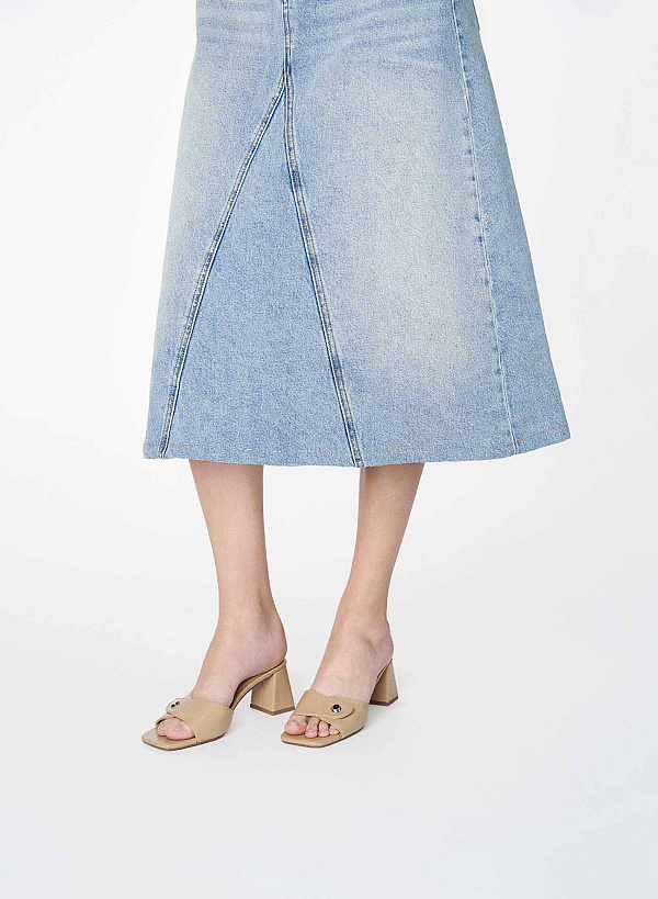 Guốc mules block heel nhấn nút kim loại