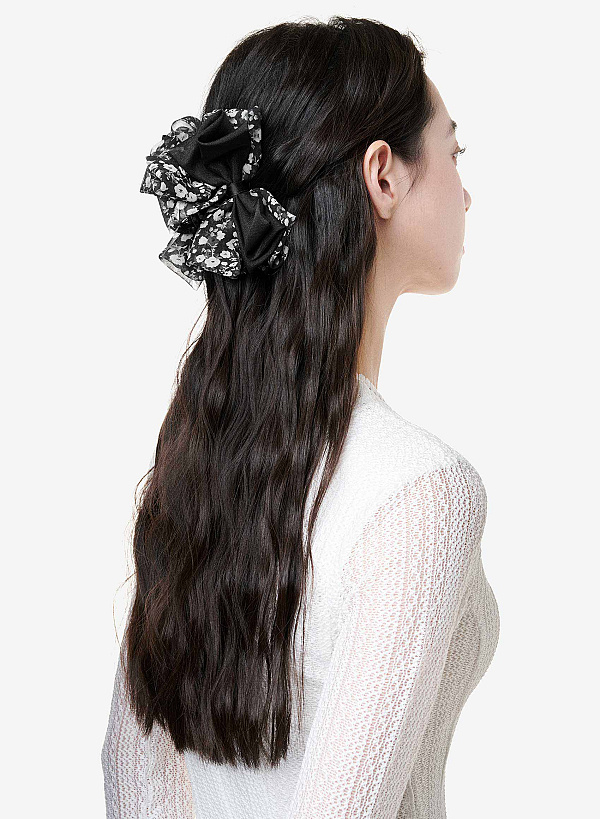 Kẹp tóc nơ thanh lịch nhấn họa tiết hoa