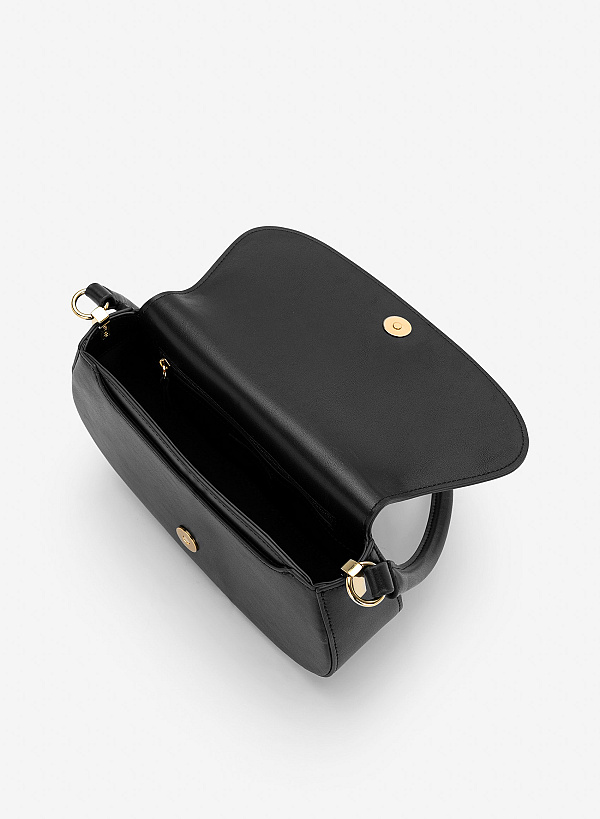Túi leather nắp gập kiểu saddle - SHO 0296 - Màu đen - VASCARA