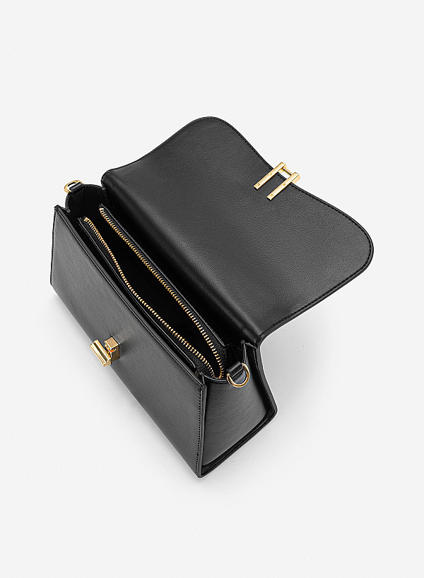 Túi xách nắp gập cách điệu phối khóa gài - SAT 0346 - Màu đen - VASCARA