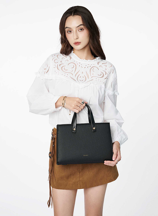 Túi xách tay phối da tương phản - TOT 0204 - Màu đen - VASCARA