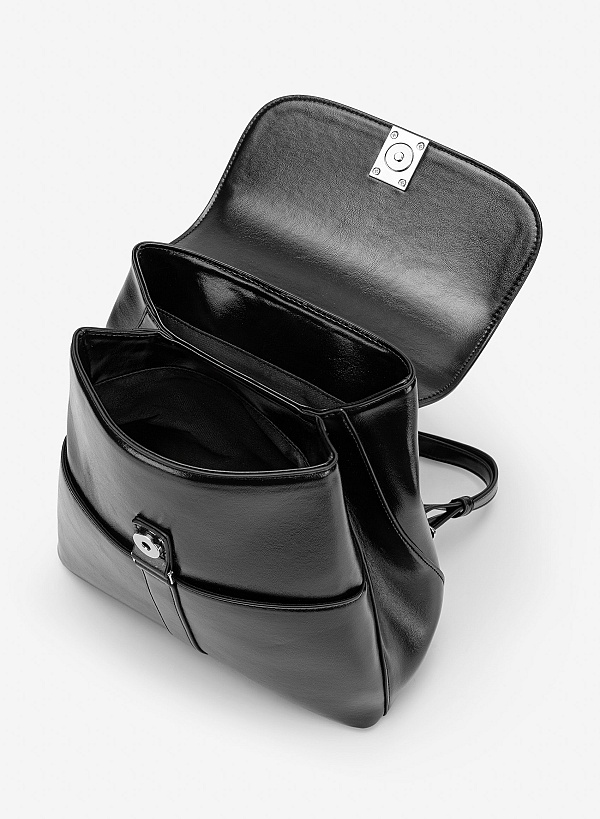 Balo nắp gập casual nhấn khóa trang trí - BAC 0236 - Màu đen - VASCARA