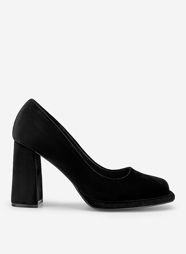 Giày block heels mũi vuông vải nhung