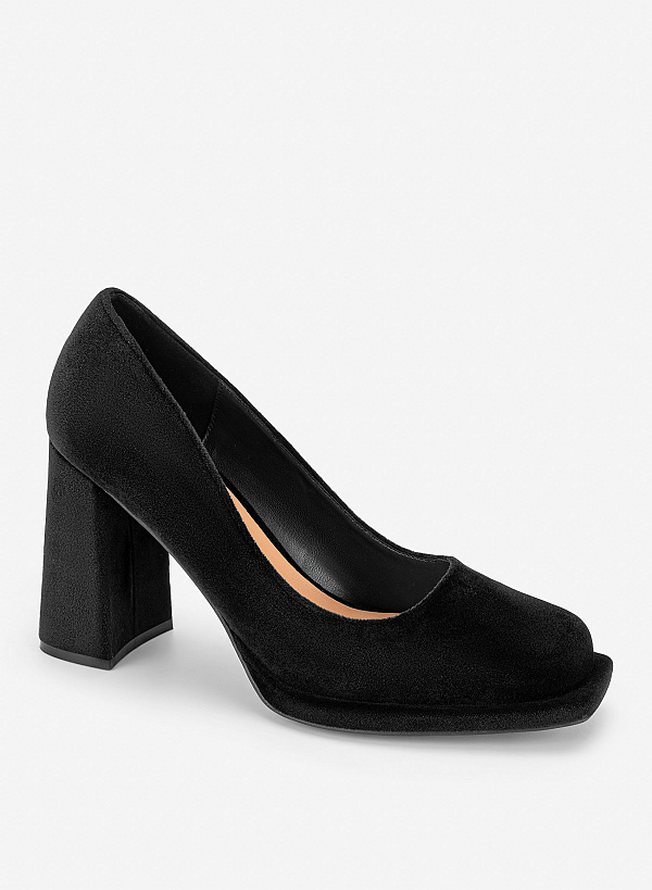 Giày block heels mũi vuông vải nhung