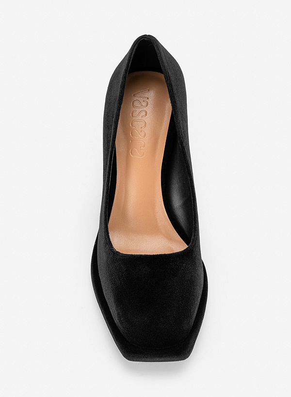 Giày block heels mũi vuông vải nhung - BMN 0770 - Màu đen - VASCARA