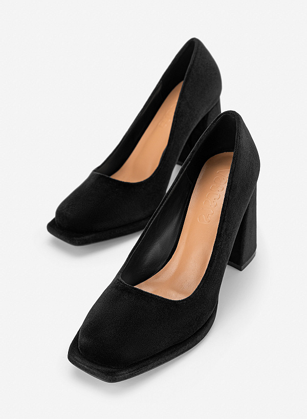 Giày block heels mũi vuông vải nhung - BMN 0770 - Màu đen - VASCARA