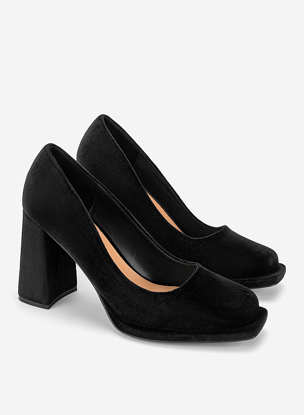 Giày block heels mũi vuông vải nhung - BMN 0770 - Màu đen - VASCARA