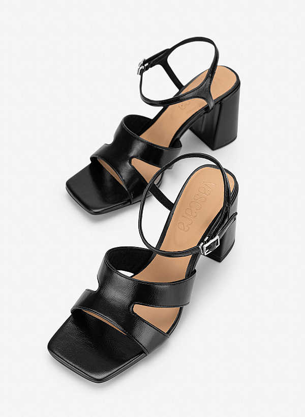Giày sandals block heel quai cut-out - SDN 0843 - Màu đen - VASCARA