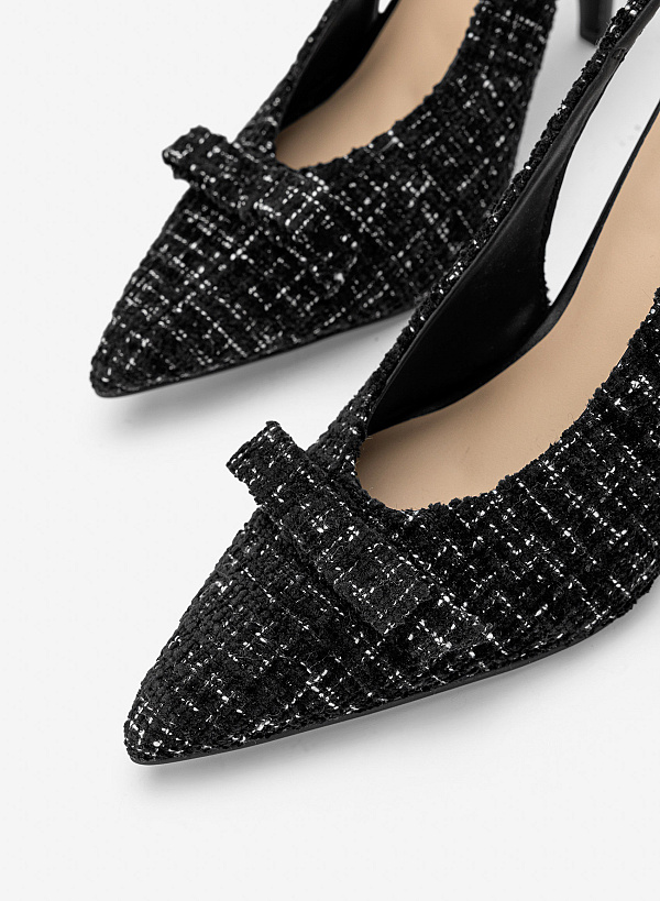 Giày slingback stiletto vải tweed phối nơ trang trí - BMN 0747 - Màu đen - VASCARA