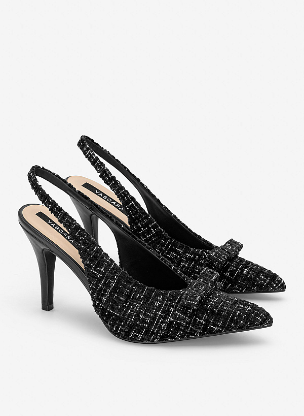 Giày slingback stiletto vải tweed phối nơ trang trí - BMN 0747 - Màu đen - VASCARA