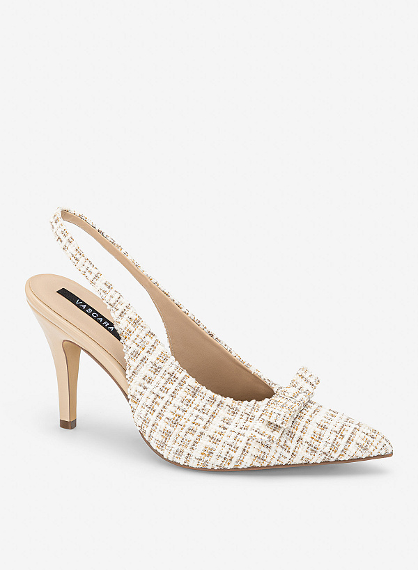Giày slingback stiletto vải tweed phối nơ trang trí - BMN 0747 - Màu kem - VASCARA