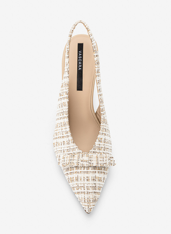 Giày slingback stiletto vải tweed phối nơ trang trí - BMN 0747 - Màu kem - VASCARA