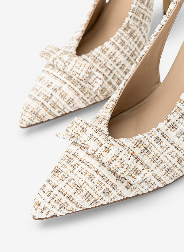 Giày slingback stiletto vải tweed phối nơ trang trí - BMN 0747 - Màu kem - VASCARA
