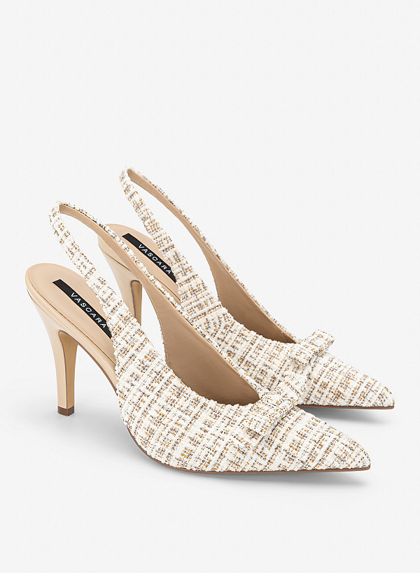 Giày slingback stiletto vải tweed phối nơ trang trí - BMN 0747 - Màu kem - VASCARA