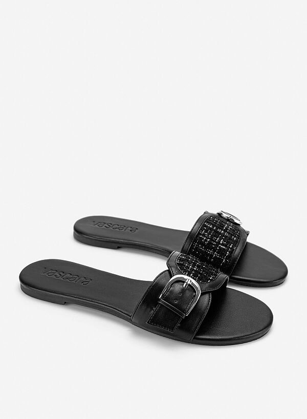Dép quai ngang vải tweed nhấn khoá kim loại - DXP 0224 - Màu đen - VASCARA