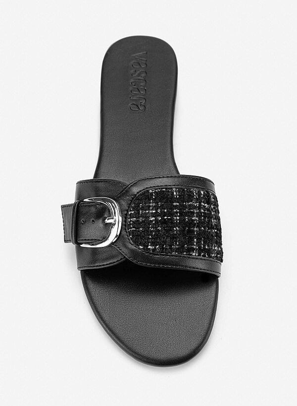 Dép quai ngang vải tweed nhấn khoá kim loại - DXP 0224 - Màu đen - VASCARA