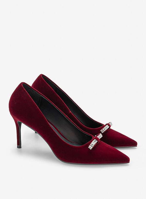 Giày bít mũi velvet đính đá trang trí - BMN 0751 - Màu đỏ đậm - VASCARA