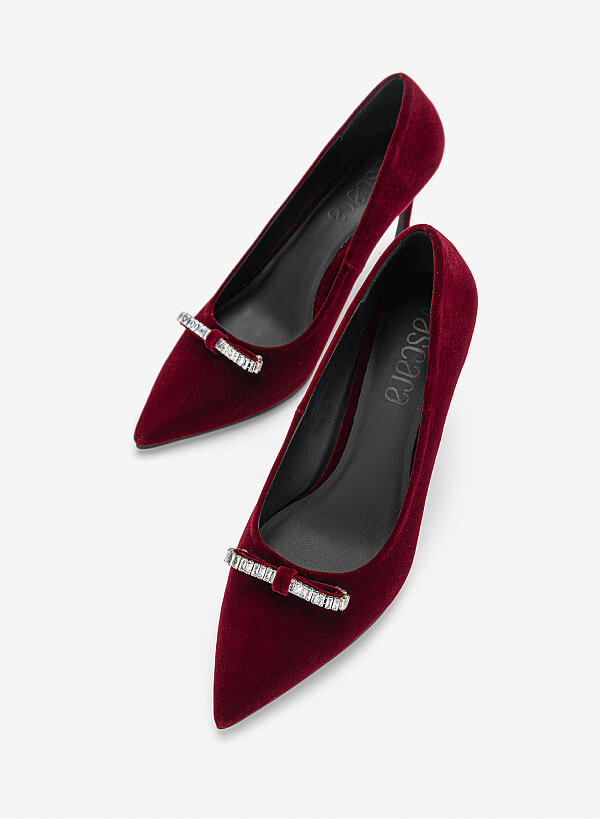 Giày bít mũi velvet đính đá trang trí - BMN 0751 - Màu đỏ đậm - VASCARA