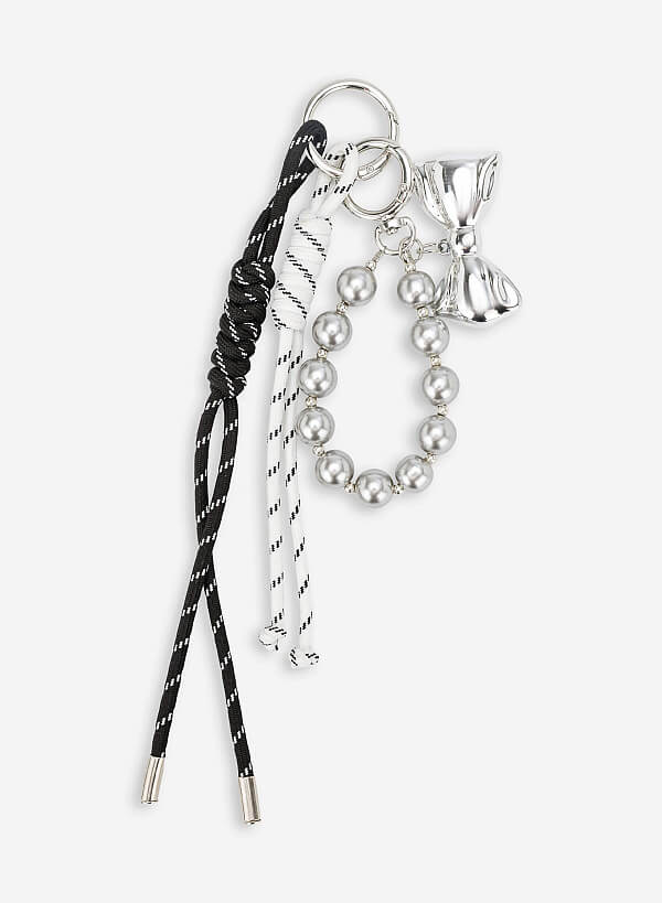 Charm dây nơ bạc phối hạt trang trí - CHM 0049 - Màu trắng đen - VASCARA