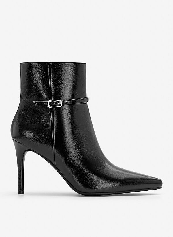 Giày boots gót nhọn quai gài trang trí