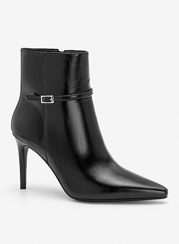 Giày boots gót nhọn quai gài trang trí