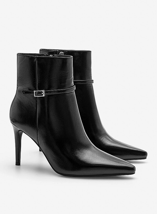 Giày boots gót nhọn quai gài trang trí - BOT 0945 - Màu đen - VASCARA