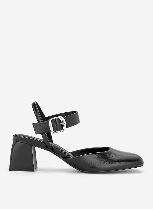Giày bít mũi block heel phối khóa trang trí