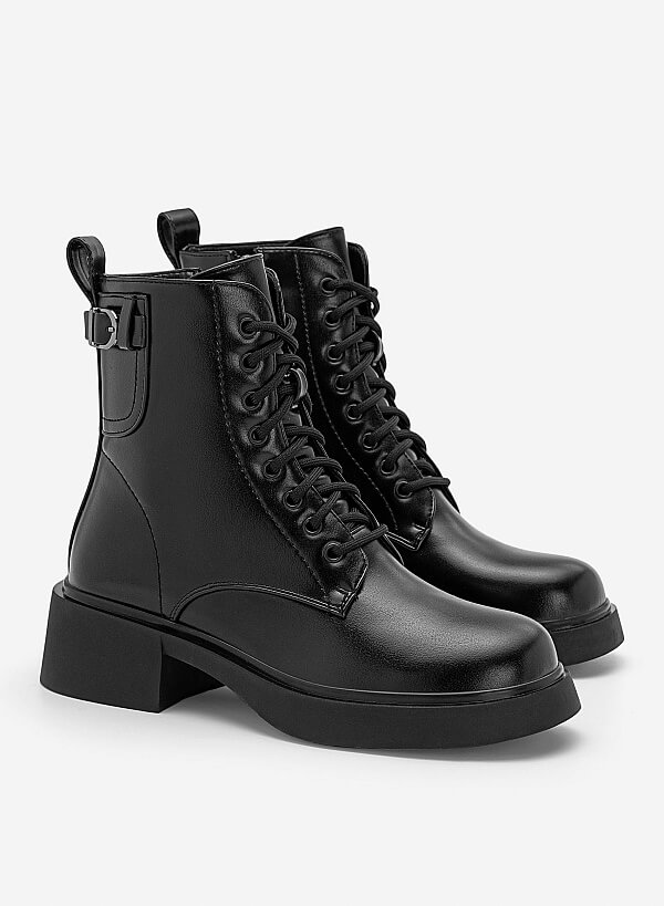 Giày combat boots phối khoá kim loại - BOT 0948 - Màu đen - VASCARA