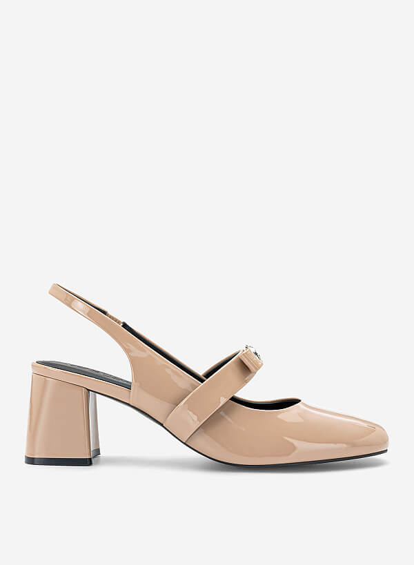 Giày slingback mũi tròn phối nơ kim loại