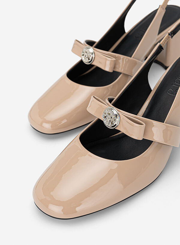 Giày slingback mũi tròn phối nơ kim loại - BMN 0748 - Màu be - VASCARA