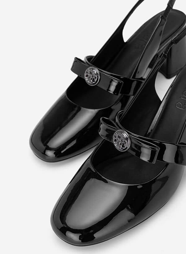 Giày slingback mũi tròn phối nơ kim loại - BMN 0748 - Màu đen - VASCARA