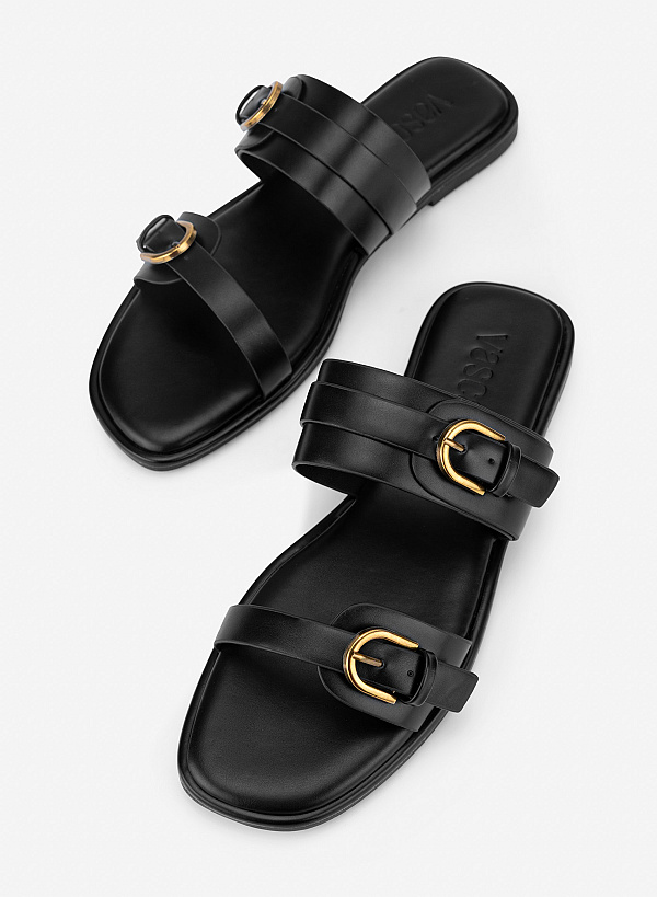 Dép 2 quai phối trang trí buckle - DXP 0247 - Màu đen - VASCARA