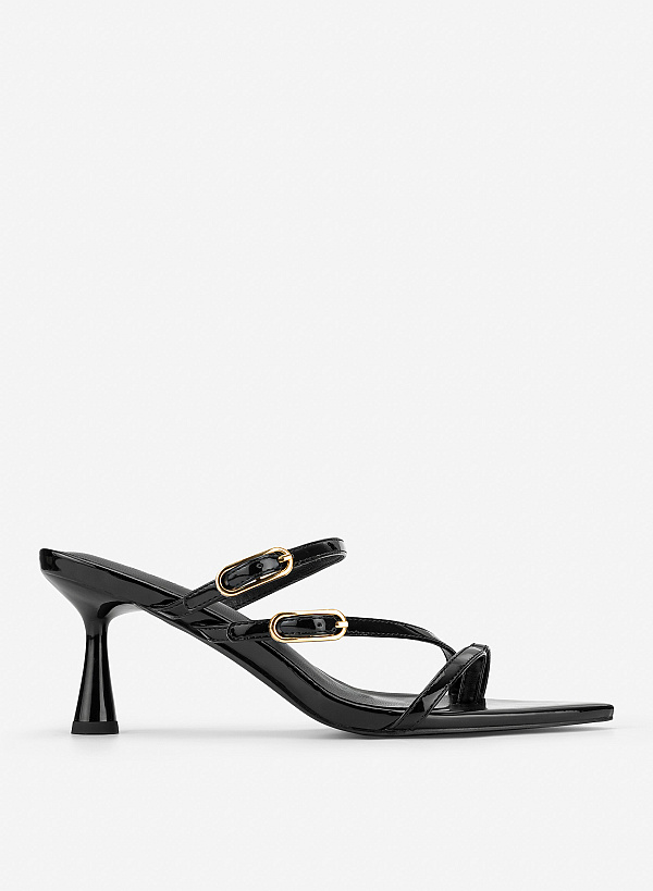 Guốc mule mũi nhọn nhấn khoá glossy chic