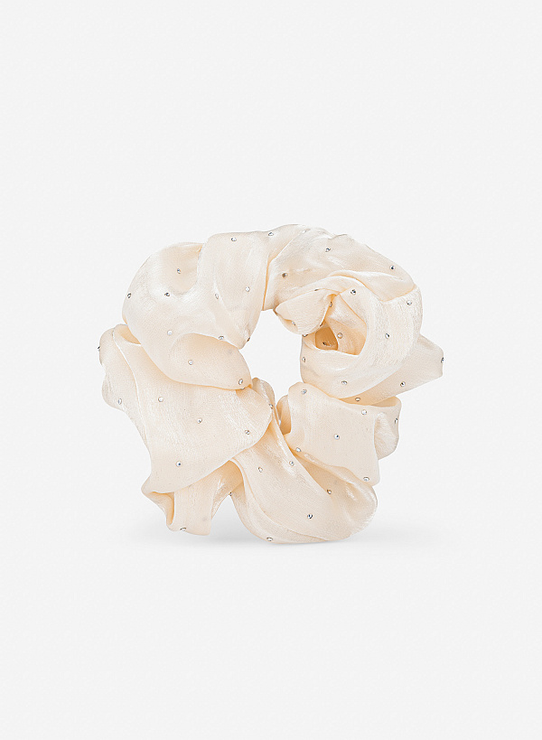 Scrunchie họa tiết chấm bạc lấp lánh - HSS 0001 - Màu kem - VASCARA