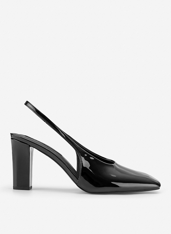 Slingback mũi vuông block heel glossy
