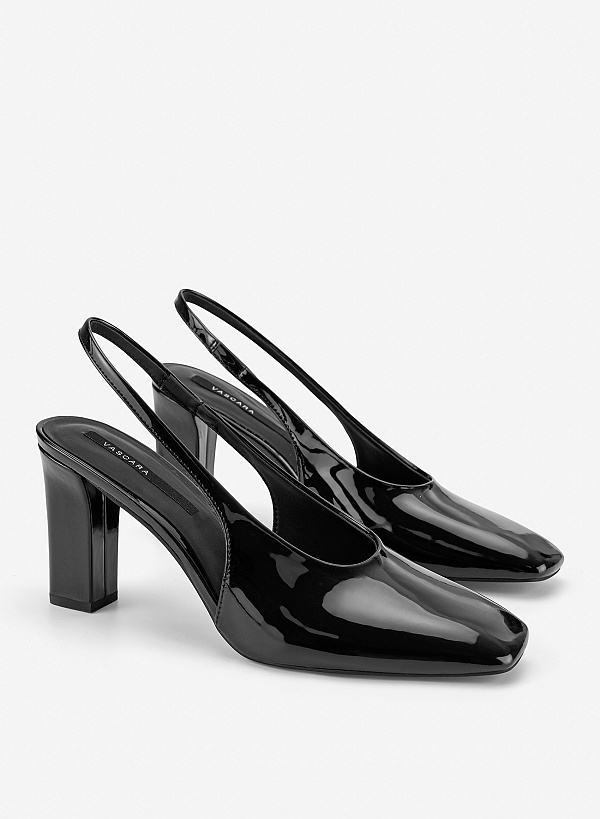 Slingback mũi vuông block heel glossy - BMN 0765 - Màu đen - VASCARA