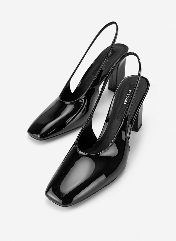 Slingback mũi vuông block heel glossy - BMN 0765 - Màu đen - VASCARA