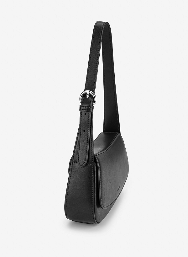 Túi leather kiểu hobo nắp gập - SHO 0307 - Màu đen - VASCARA