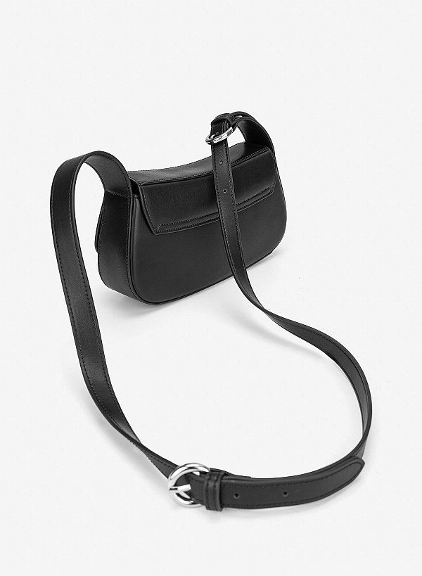 Túi leather kiểu hobo nắp gập - SHO 0307 - Màu đen - VASCARA