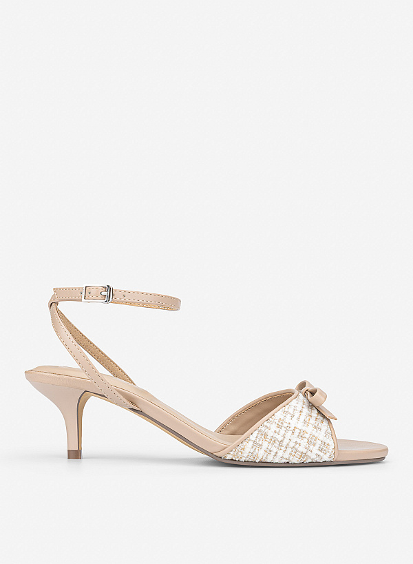 Giày sandals phối vải tweed đính nơ trang trí
