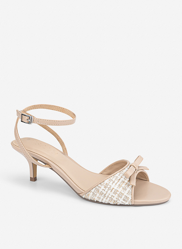 Giày sandals phối vải tweed đính nơ trang trí - SDN 0847 - Màu be - VASCARA