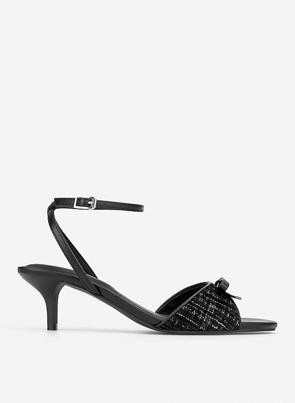 Giày sandals phối vải tweed đính nơ trang trí