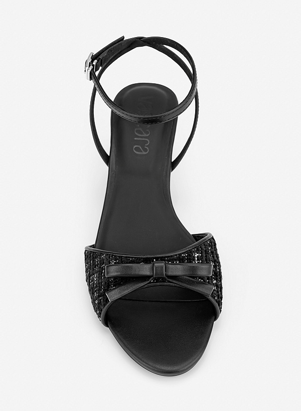 Giày sandals phối vải tweed đính nơ trang trí - SDN 0847 - Màu đen - VASCARA